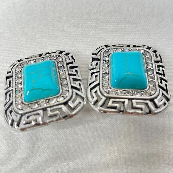 Southwest Style Earrings & Ring Faux Turquoise Stones Rhinestones Silver Frame - Picture 2 of 15